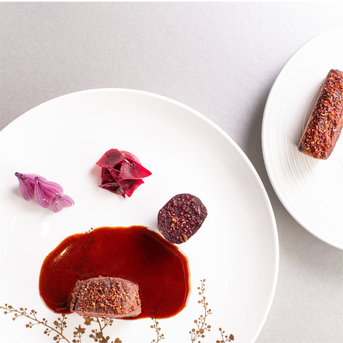 This is Cornbury Park Fallow Deer, salt-aged, Crapaudine beetroot, ‘Soubise’, pink pepper, rose &amp; Tinta de Toro. It's as delicious as it looks, &amp; that red onion brioche means not a drop of irresistible sauce is wasted. Thanks to how Cornbury Park manage &amp; care for their herd.