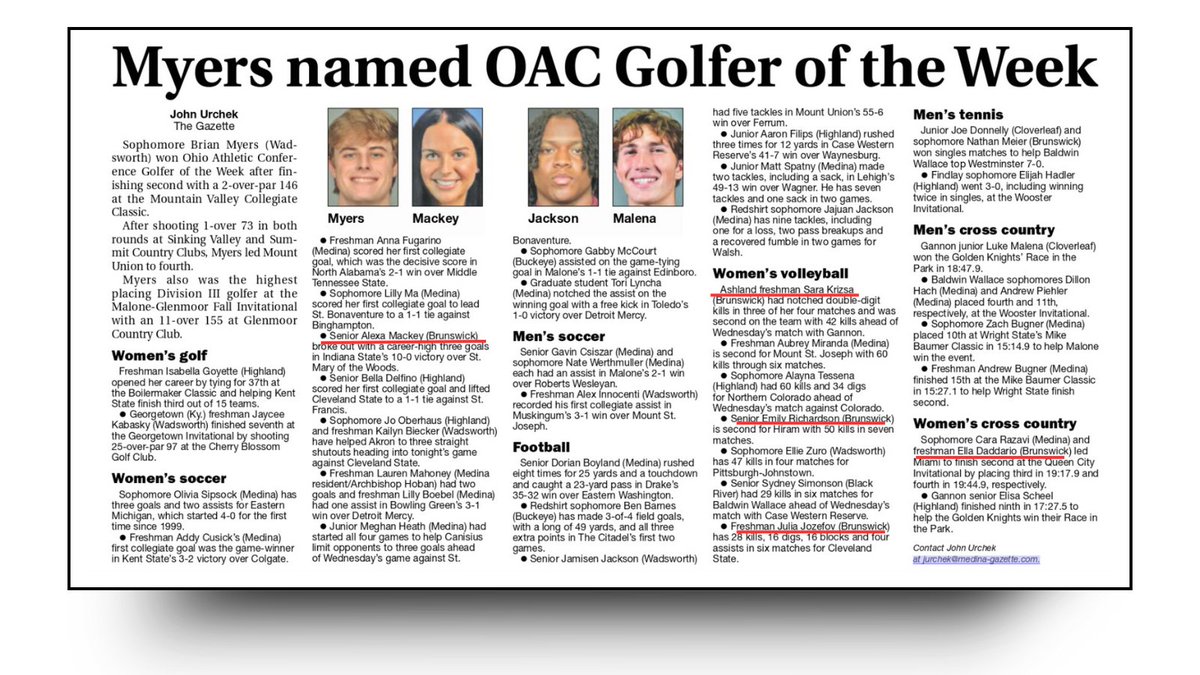 Congrats to the <a href="/BHSGoBigBlue/">Brunswick HS Athletics</a> alums continuing their athletic excellence in college!  Yesterday’s Medina Gazette highlights a few, including Alexa Mackey (Soccer), Sara Krizsa (volleyball), Emily Richardson (volleyball), Julia Jozefov (volleyball), and Ella Daddario (x-country).