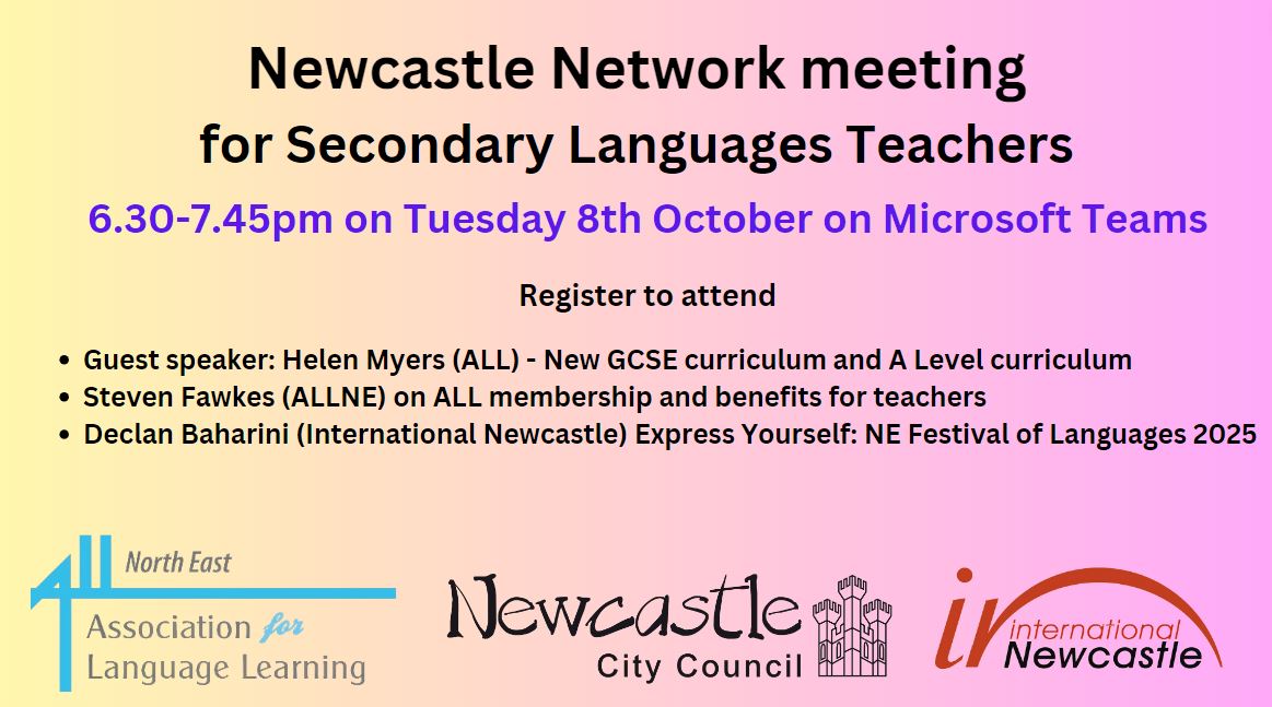 Secondary languages teachers in Newcastle/NE register for the first meeting of the new secondary Newcastle Network at 6.30pm on 8th October with <a href="/HelenMyers/">HelenMyers</a>  (ALL) on the new GCSE curriculum and A Level curriculum: Registration link and information internationalnewcastle.org.uk/secondary-netw…