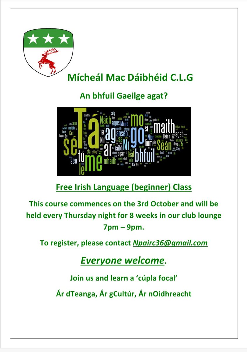 Davitts GAC (@davitts1912) on Twitter photo Our FREE Irish language classes are back 🙌
Starting on Thursday 3rd of October in the club.
Contact Npairc36@gmail.com to register.
Bígí linn Our FREE Irish language classes are back 🙌
Starting on Thursday 3rd of October in the club.
Contact Npairc36@gmail.com to register.
Bígí linn