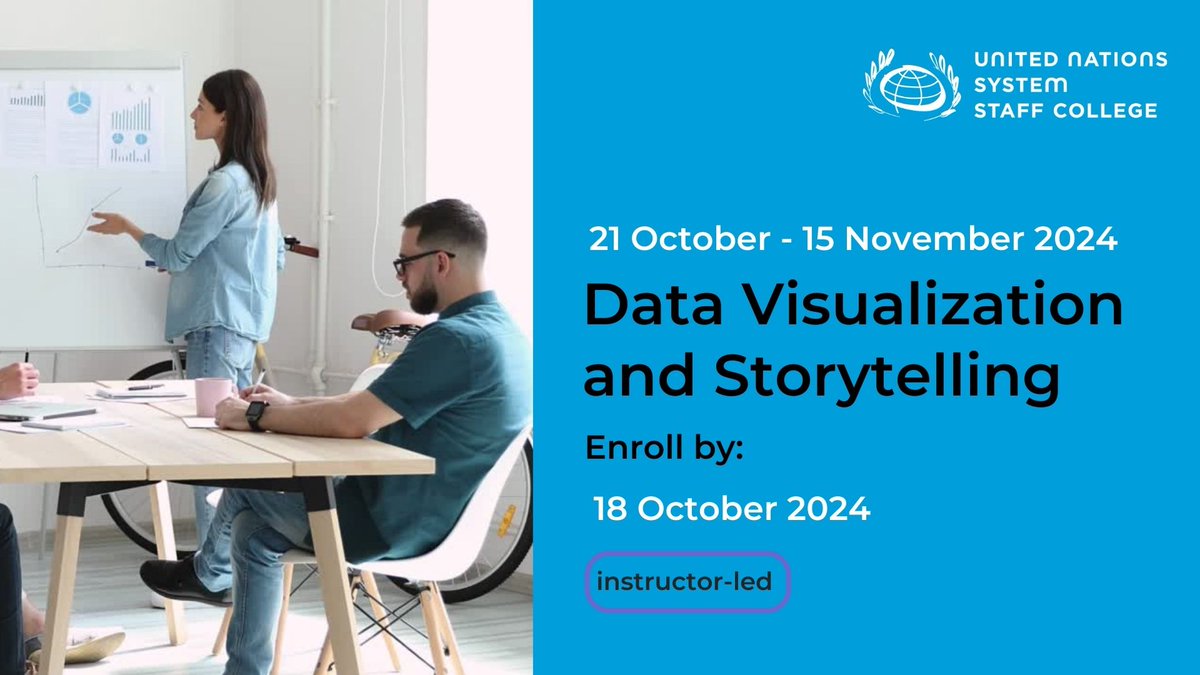 UNSSC's tweet image. 🚀Elevate your #DataStorytelling skills with the #UN!
🎯Master the selection of visuals tailored to your data &amp;amp; audience
🎨Apply design principles to ensure clarity &amp;amp; impact
💬Communicate insights effectively! 
Apply now: unssc.org/courses/data-v…
#UNTraining #DataForChange #UNSSC