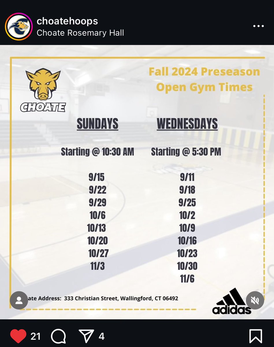 <a href="/ChoateHoops/">Choate Basketball</a> fall workout schedule. 
Check out Class of 2025 6’4” Shooter <a href="/nick_cozzolino0/">Nick Cozzolino</a> 
High Academic prospect picking up interest and offers from d3 High Academic Schools throughout the country.