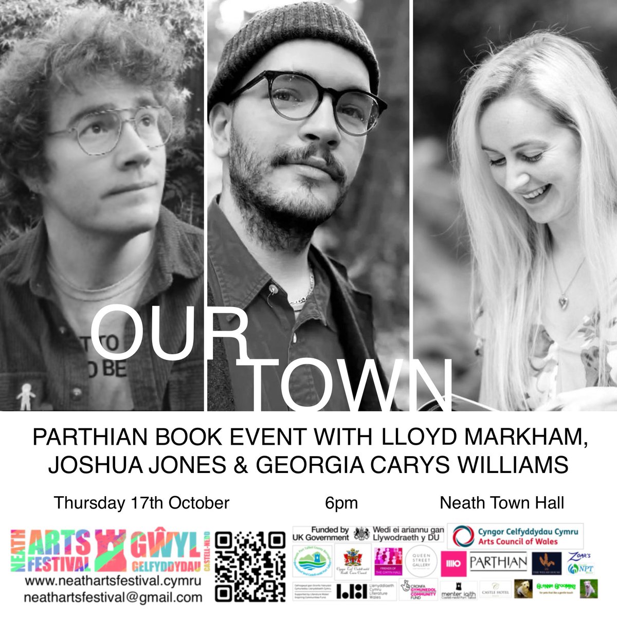 OUR TOWN: PARTHIAN BOOK EVENT WITH LLOYD MARKHAM, JOSHUA JONES &amp; GEORGIA CARYS WILLIAMS 

@parthianbooks <a href="/lloyd_markham/">Lloyd Markham</a> <a href="/GeorgiaCarys/">Georgia Carys Williams</a> <a href="/nothumanhead/">Joshua Jones | Local Fires</a> 

Thursday 17th October
 6pm
 Neath Town Hall

Website: neathartsfestival.cymru

#UKSPF #neathartsfestival #neathartsfestival2024