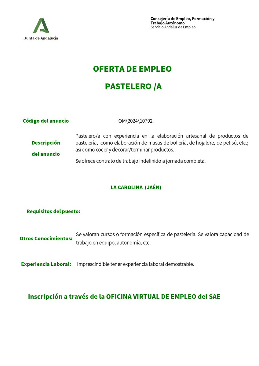 Ofertas de empleo gestionadas por el <a href="/SAEmpleo/">Serv. Andaluz Empleo</a> , operacios con discapacidad, pastelero y camarero <a href="/AndaluciaVuela/">Andalucía Vuela</a> <a href="/santaelenajaen/">Santa Elena</a>