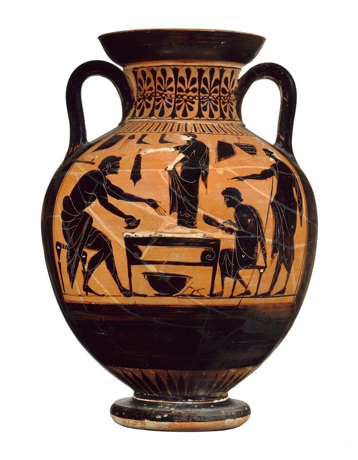 إناء خزفي يرجع للقرن السادس قبل الميلاد يحتوي على مشهد لفتاة يونانية تقف على طاولة في محل صنع أحذية بينما يقف رجل ذو لحية بيضاء على اليمين (ربما يكون والدها) مُشيراً للصانعين بشيء ما أو يأمرهم بتزيين معين.
.
وقد اتسمت هذه المحلات بكونها مقصداً هاماً لنشر/سماع الشائعات في المدينة.