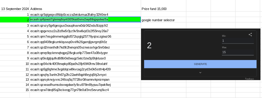 JardineCash's tweet photo. Oi Oi eCash $XEC #eCashArmy #CashForce
I've drawn my First @ecashchat #eLotto Game
Address randomly selected. Gongradualtions to the winner. Thank you for Playing.
Stay tuned in @ecashchat for the next game in a couple of weeks.
FriYay - LFG 🙌 https://t.co/xe0Lrv6qhd