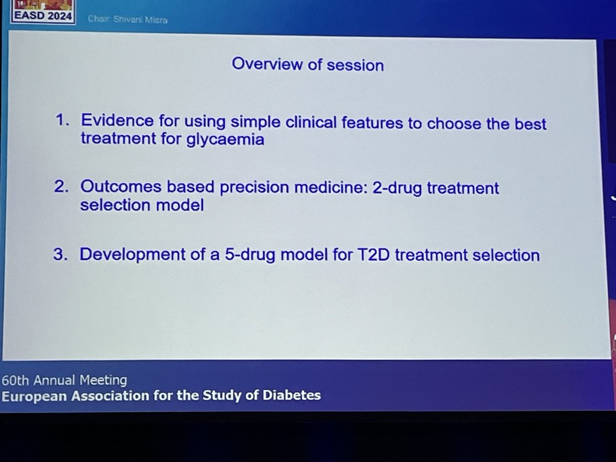 This is a fantastic talk about personalising glucose lowering treatments using models based on routinely collected clinical data. The outcomes here are based on A1C. #EASD2024 ⬇️