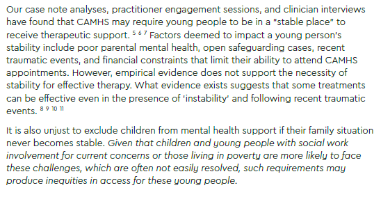 Important report from the NCB challenging the notion that young people need to be a in a 'stable place' to access therapeutic support.  Particularly important given how unstable some children's lives can be through no fault of their own:

ncb.org.uk/sites/default/…
