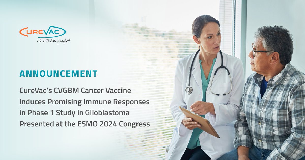Excited to share the first data from our Phase 1 study in glioblastoma, presented today at #ESMO2024! The ability of CVGBM to generate new immune responses underscores the potential of our #mRNA technology in the fight against #cancer.