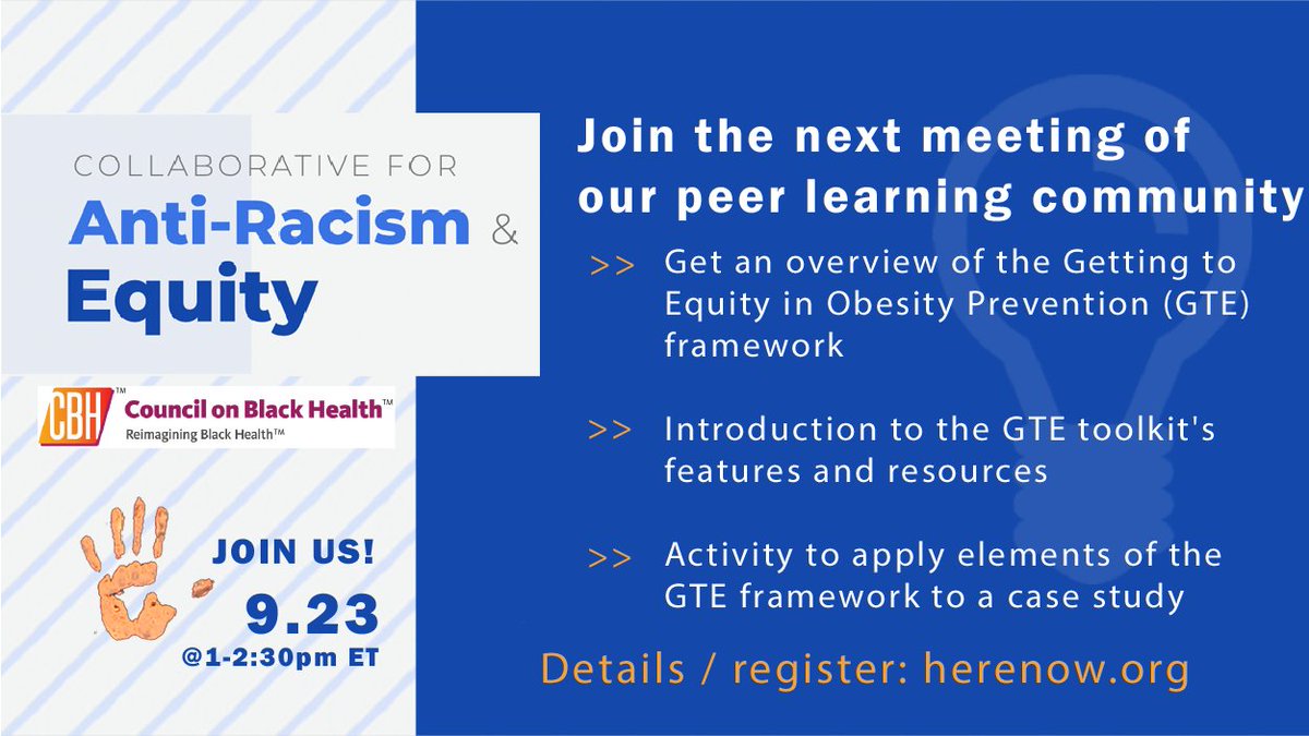 🚀 The Council is thrilled to join the Collaborative for Anti-Racism &amp; Equity for their next Peer Learning Community virtual meet! 🌟
🗓️ Date: Monday, September 23 ⏰ Time: 1:00pm-2:30pm ET / 10:00am PT 👩‍🏫 Speaker: Dr. Shiriki Kumanyika. Register:  ow.ly/Oobs50TkBrg