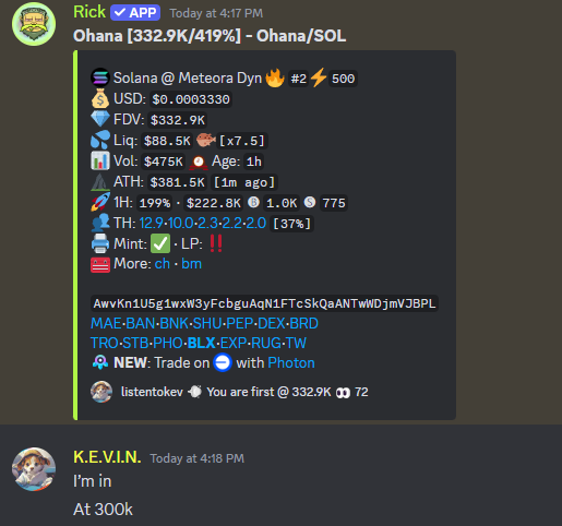MODxAlpha's tweet photo. Our members got in $OHANA at 300K MC! 

$OHANA reached 1M ATH for a 3x 🔥 https://t.co/eIw94odb95