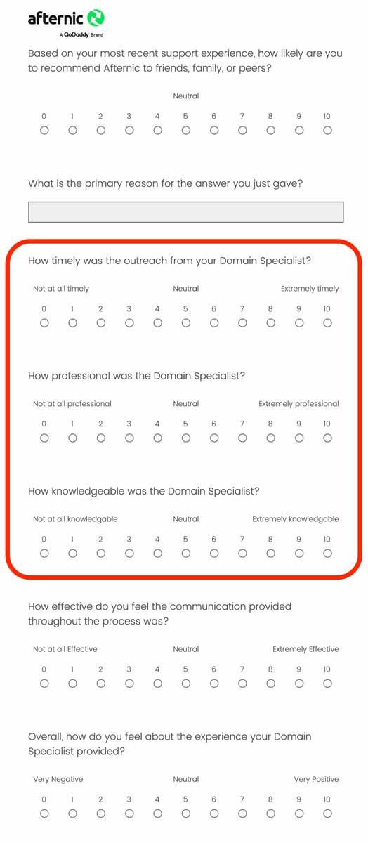 After someone sells a domain name on @Afternic, they get a survey email.

As a business owner, I value surveys and customer feedback.

But why ask the 3 questions with the red outline when you know it was fast transfer and I didn't deal with a domain specialist?

And why send me