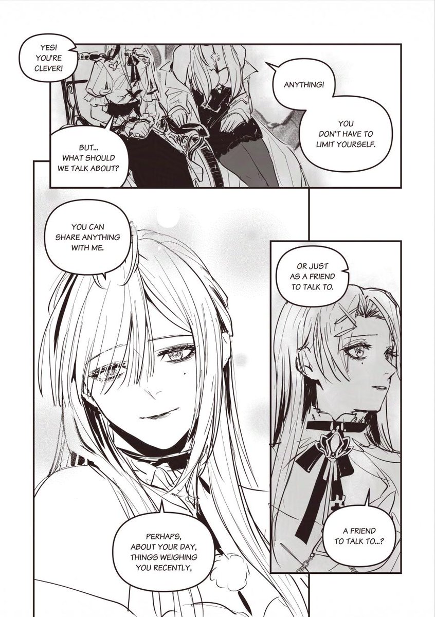 [Fondness][2/3]
#PathtoNowhere #无期迷途
--
My note:
- Eleven's (big) hand summoning exists in gameplay but not sure storywise 
- yes Eve n Eleven hv no official interaction but they r best deployed tgt
- also Yes I deliberately modified Eleven's (inner) dress a bit 