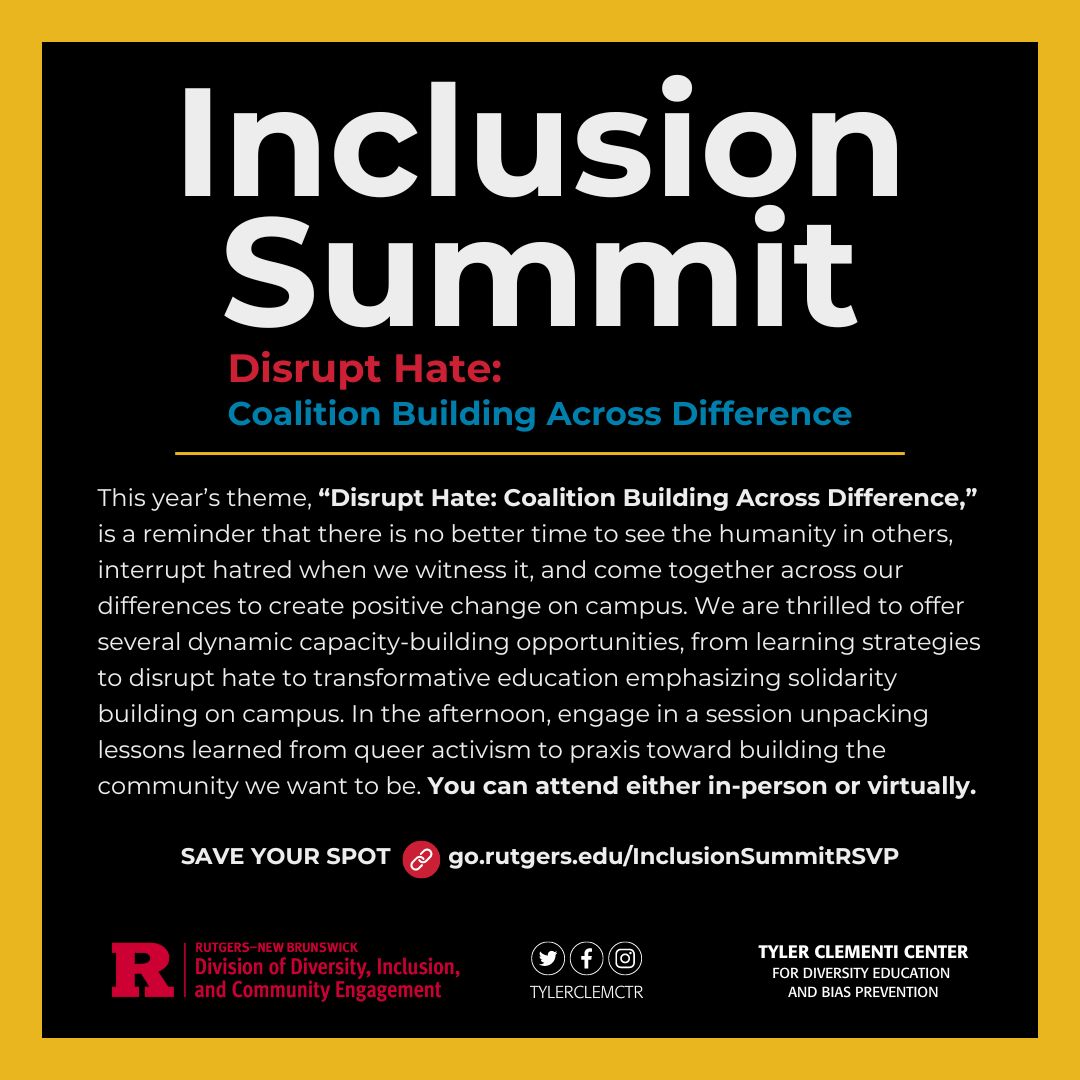 🌟 Join us for the 3rd annual Inclusion Summit on Friday, Sept. 27, from 9:00 am to 3:30 pm at the Livingston Student Center and online
🗓️ Register by Friday, Sept. 20th!
💬 go.rutgers.edu/inclusionsummit
