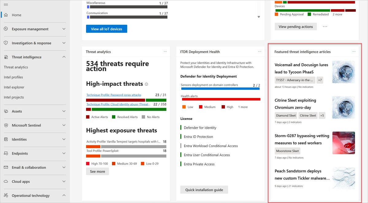 To help defenders get better access to relevant threat intelligence articles, the Microsoft Defender XDR portal home page now displays featured Microsoft Defender Threat Intelligence (MDTI) articles to highlight noteworthy Microsoft content. msft.it/6017mPalP