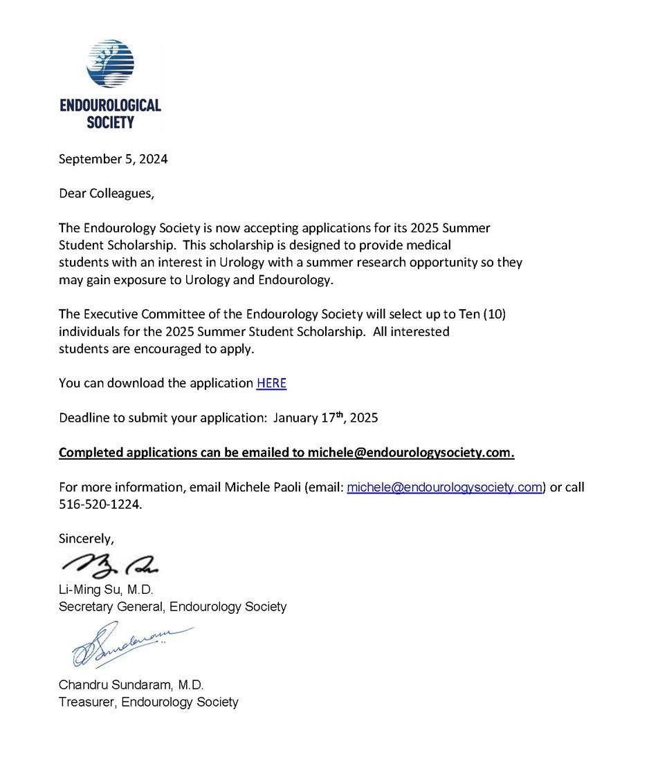 Endourological Society (@endo_society) on Twitter photo Now Open - Endourology Society Summer Student Scholarship Application - Submit by January 17th, 2025 - mailchi.mp/286d066c46f9/n… Now Open - Endourology Society Summer Student Scholarship Application - Submit by January 17th, 2025 - mailchi.mp/286d066c46f9/n…
