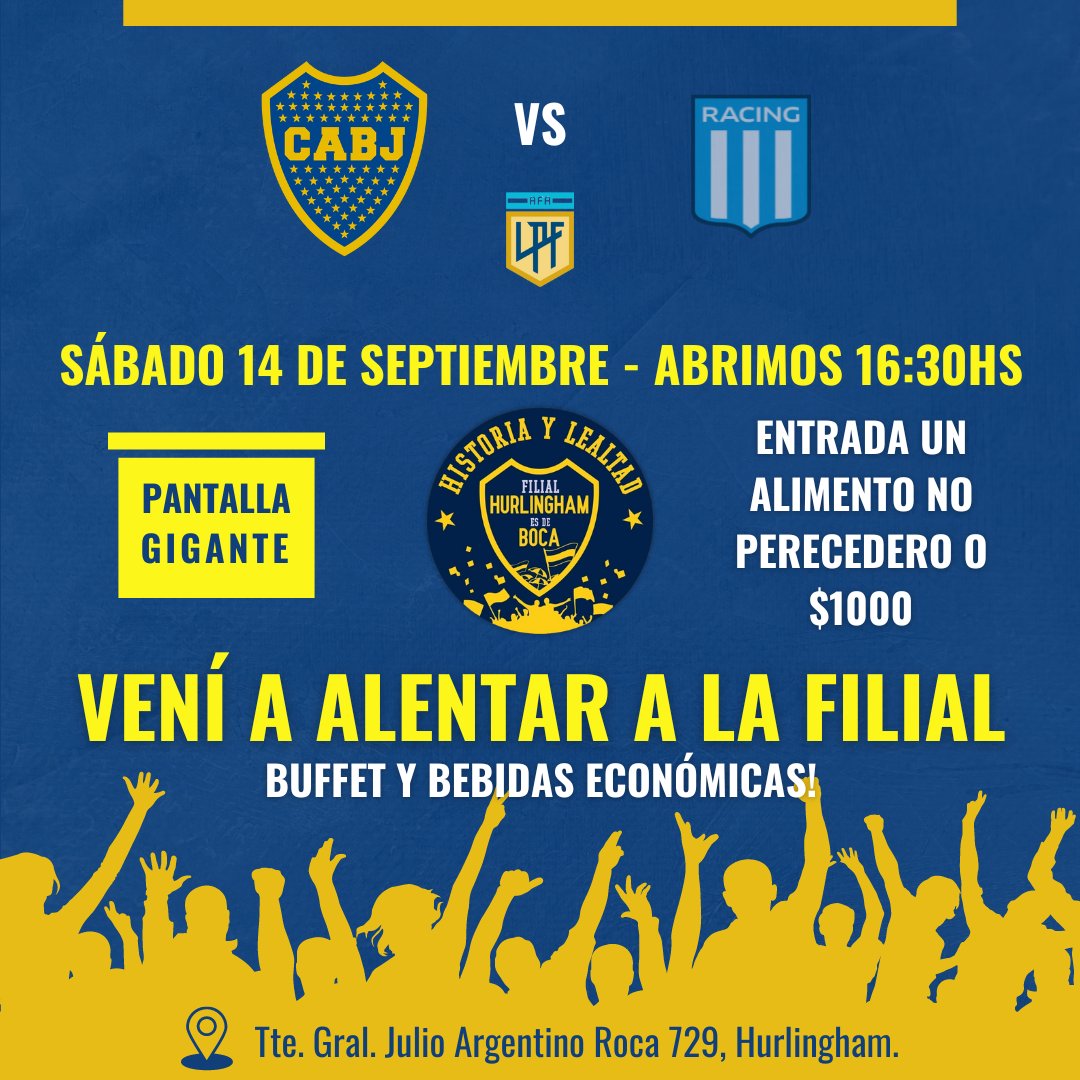HurlinghamBoca's tweet photo. 🇸🇪 Vení a ver el partido a la Filial 🇸🇪 
⚽ BOCA vs Rasin 
🏆 Liga Profesional 
🕖 Abrimos a las 16:30hs 
🍔 Buffet y bebidas a precios económicos. 
🔳 Pantalla gigante 
📍Tte. Gral J.A Roca 729, Hurlingham. https://t.co/qxwneIk28r