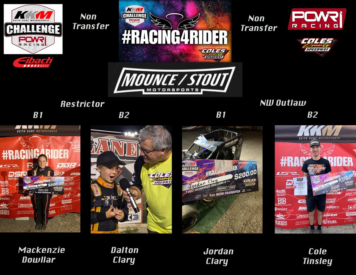 First non-transfers from the B-mains Saturday night at #Racing4Rider #KKMChallenge at Coles County Speedway earned $200 from Mounce/Stout Motorsports <a href="/MounceStout/">Mounce/Stout</a>