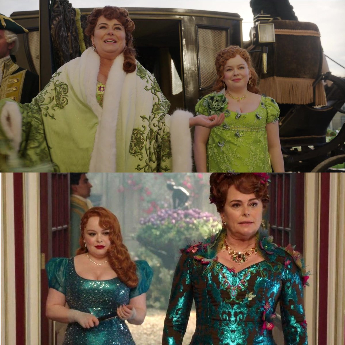 Portia and Penelope wearing green in first and last episodes of bridgerton s3 Portia and Penelope wearing green in first and last episodes of bridgerton s3
