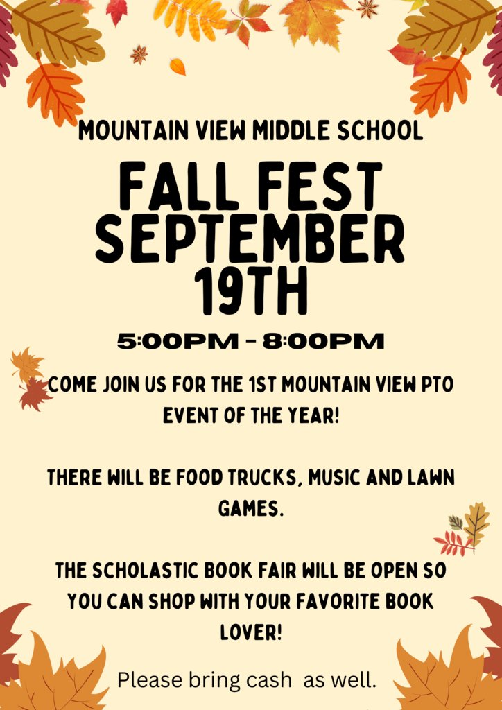 Join us on Thursday Sept 19 from 5-8pm at Mountain View for our PTO Family Fall Fest.