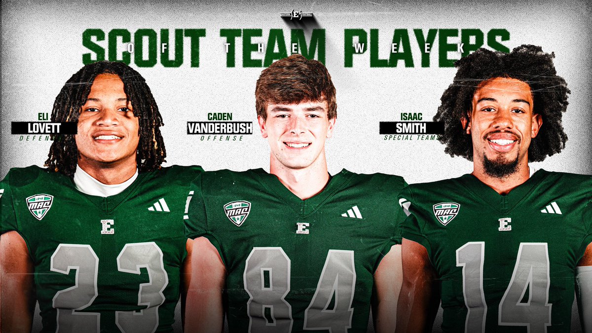Eastern Michigan Football (@emufb) on Twitter photo Week 3 vs Jacksonville State Scout Team Players of the Week are...
Offense: <a href="/CadenVanderbush/">Caden Vanderbush</a>
Defense: <a href="/Elisiah11Lovett/">Elisiah Lovett ( Eli )</a>
Special Teams: <a href="/Isaacsmith_1/">Isaac Smith❗️</a>
#ETOUGH ⛓️ #BET Week 3 vs Jacksonville State Scout Team Players of the Week are...
Offense: <a href="/CadenVanderbush/">Caden Vanderbush</a>
Defense: <a href="/Elisiah11Lovett/">Elisiah Lovett ( Eli )</a>
Special Teams: <a href="/Isaacsmith_1/">Isaac Smith❗️</a>
#ETOUGH ⛓️ #BET