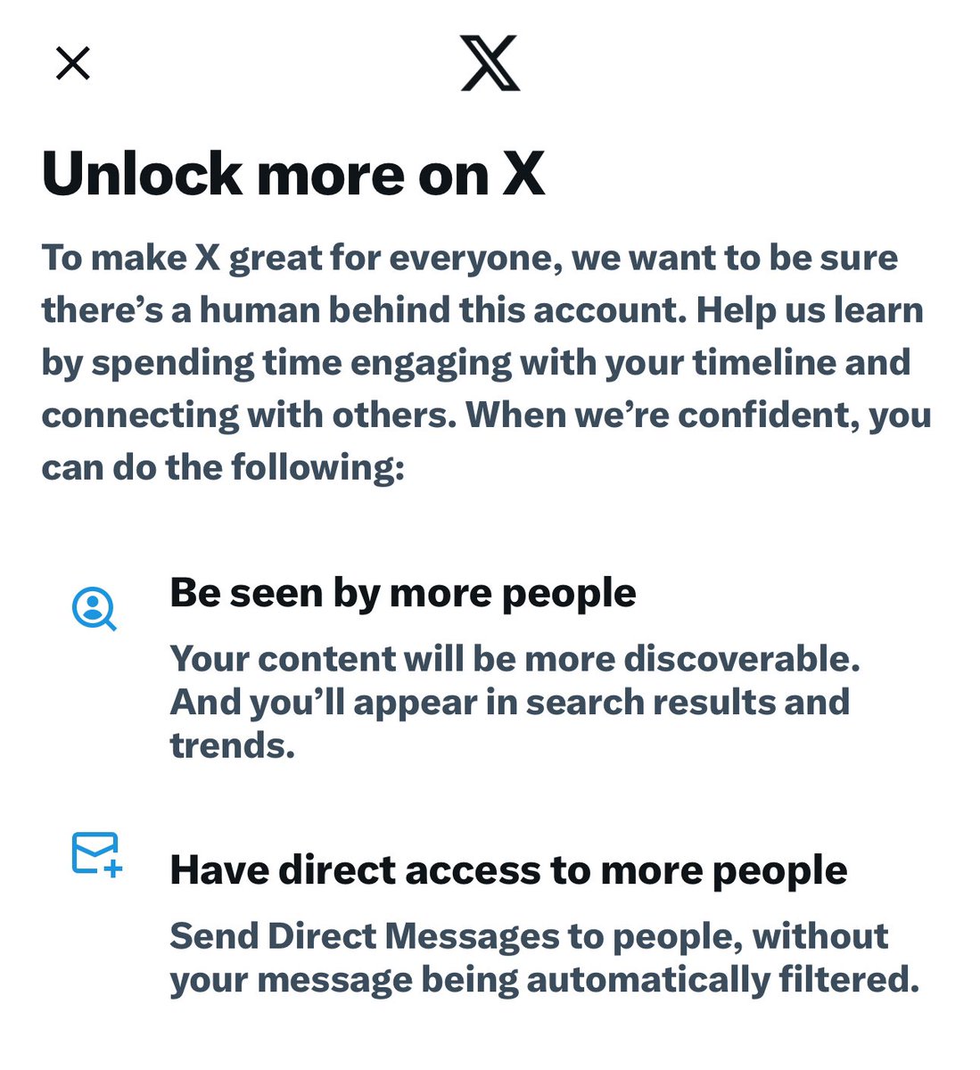 I stopped actively posting on this shell of a platform and now it’s get this message. I’m not a bot, I just hate Elon Musk and what he did to Twitter. Which makes me very very human. #ElonIsCreepy #BringBackTwitter #Twitterwasfun #Xsucks