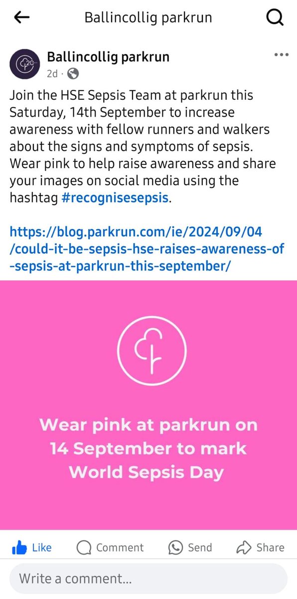 Denise McCarthy (@denisemmccarthy) on Twitter photo 🏃♀️Join me tomorrow morning <a href="/bcolligparkrun/">Ballincollig parkrun</a> to raise awareness for #WorldSepsisDay wear Pink 🏃♀️Join me tomorrow morning <a href="/bcolligparkrun/">Ballincollig parkrun</a> to raise awareness for #WorldSepsisDay wear Pink