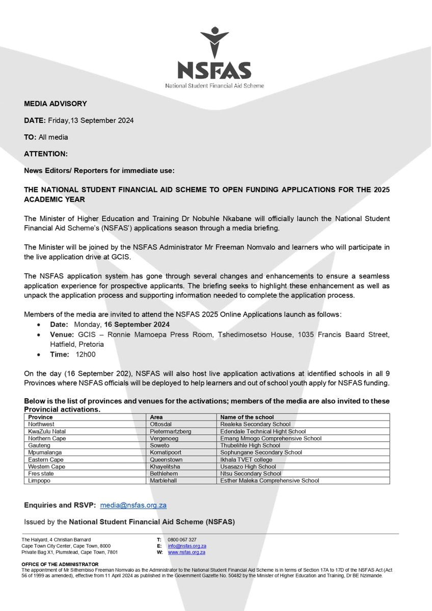 myNSFAS's tweet photo. NSFAS Media Advisory - THE NATIONAL STUDENT FINANCIAL AID SCHEME TO OPEN FUNDING APPLICATIONS FOR THE 2025 ACADEMIC YEAR https://t.co/MYBDf0deUj