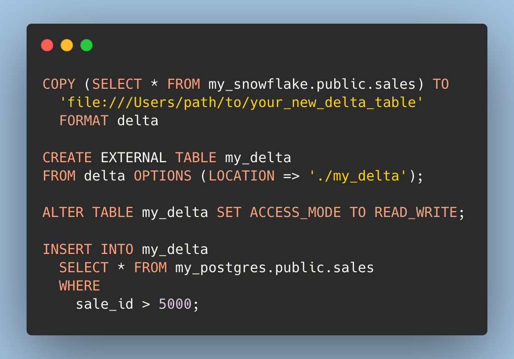 Have you used GlareDB to write the results of your queries to Delta tables? You can join data across Postgres, Snowflake, and more, then use GlareDB to create a new Delta table or INSERT INTO an existing one! What patterns do you use for archiving and sharing your data?