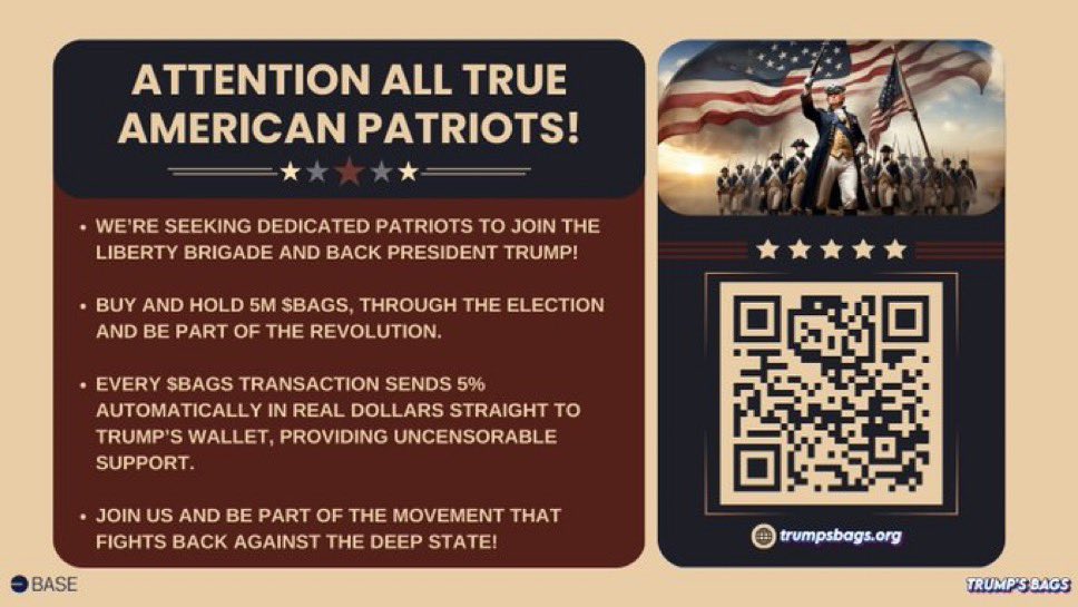 The revolution starts with you! Invest in some $BAGS and buckle up! 

It’s the PolitiFi season and we’re fighting for all our freedom against censorship and tyranny! 

President Trump WILL restore order!

NFA