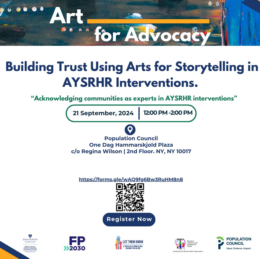 Join #ArtForAdvocacy in the #UNGA Sept 21st, 12-02 PM, A powerful discussion on “Building trust Using Art and Storytelling in #AYSRHR interventions” Featuring young leaders, artists, and a dynamic dialogue💪🏼!

Apply now to attend: forms.gle/ez5tW3cYUUfv7Q… #AYSRHR #YouthLeadership