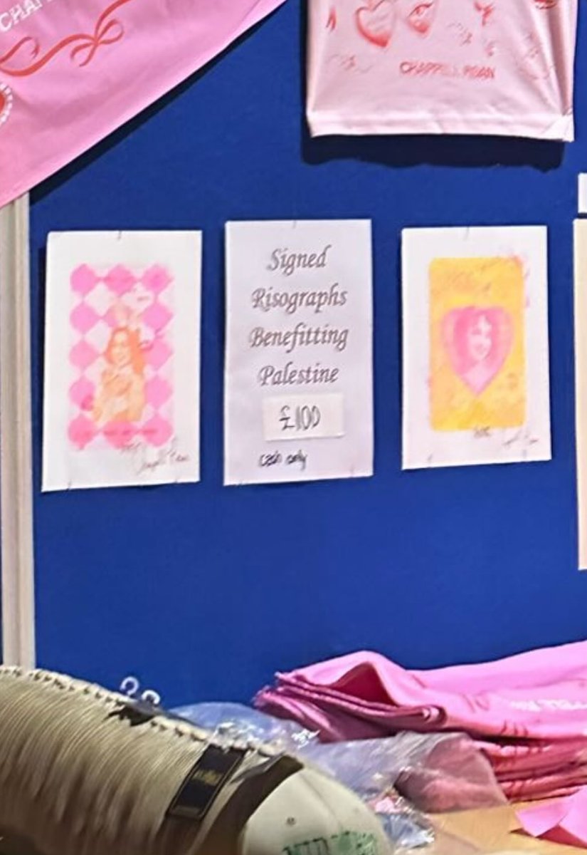 PopBase's tweet image. Chappell Roan is selling signed risographs at her concerts for £100 each with proceeds going towards Palestinian aid.