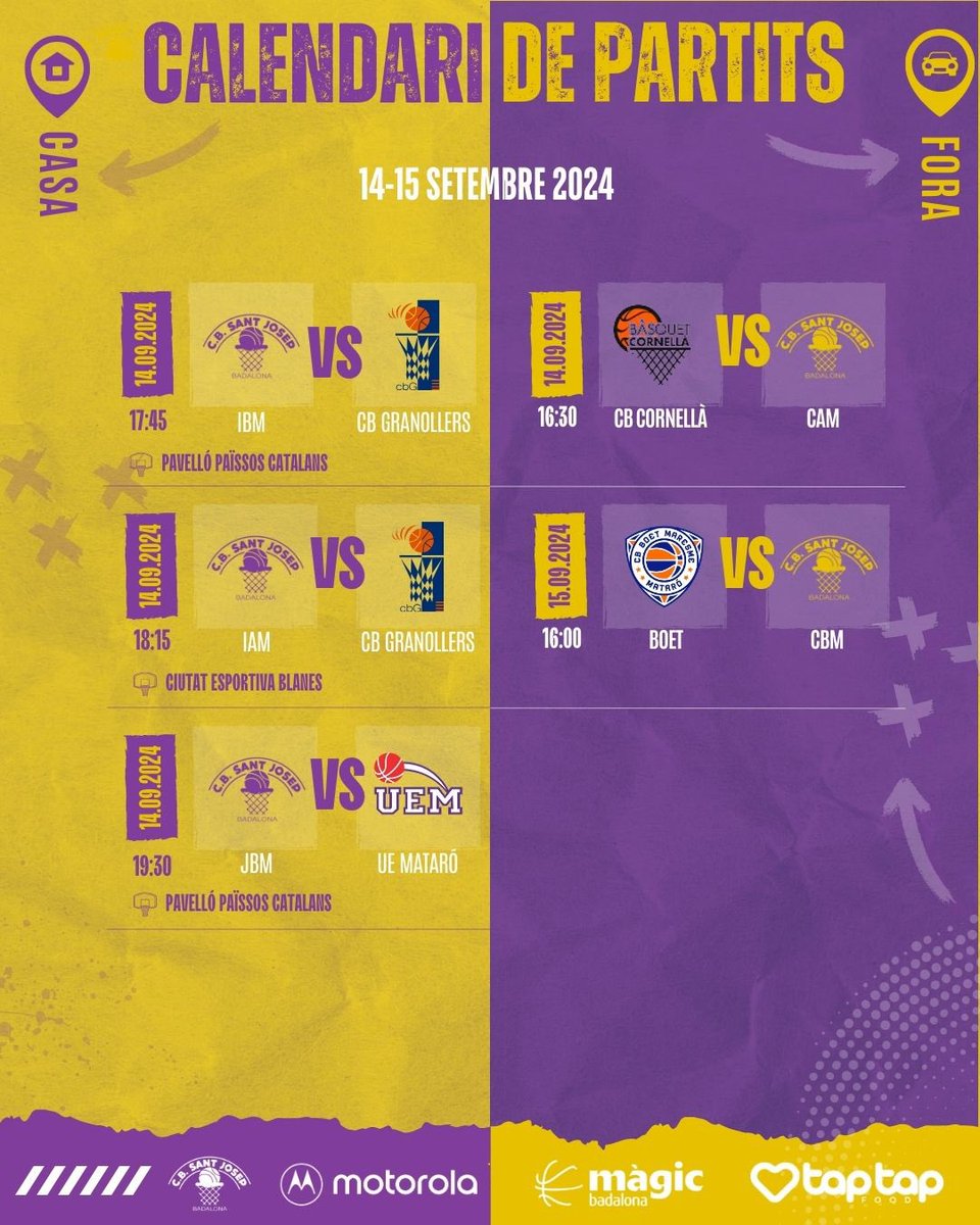 📅 CALENDARI DE PARTITS 🏀🏀🏀
Comencen els partits de competició per alguns equips del Sant Pep!
Molta sort a tots i totes en aquesta nova temporada. Som-hi Sant Pep!!!!
#SantPepÉsÚnic 🟡🟣