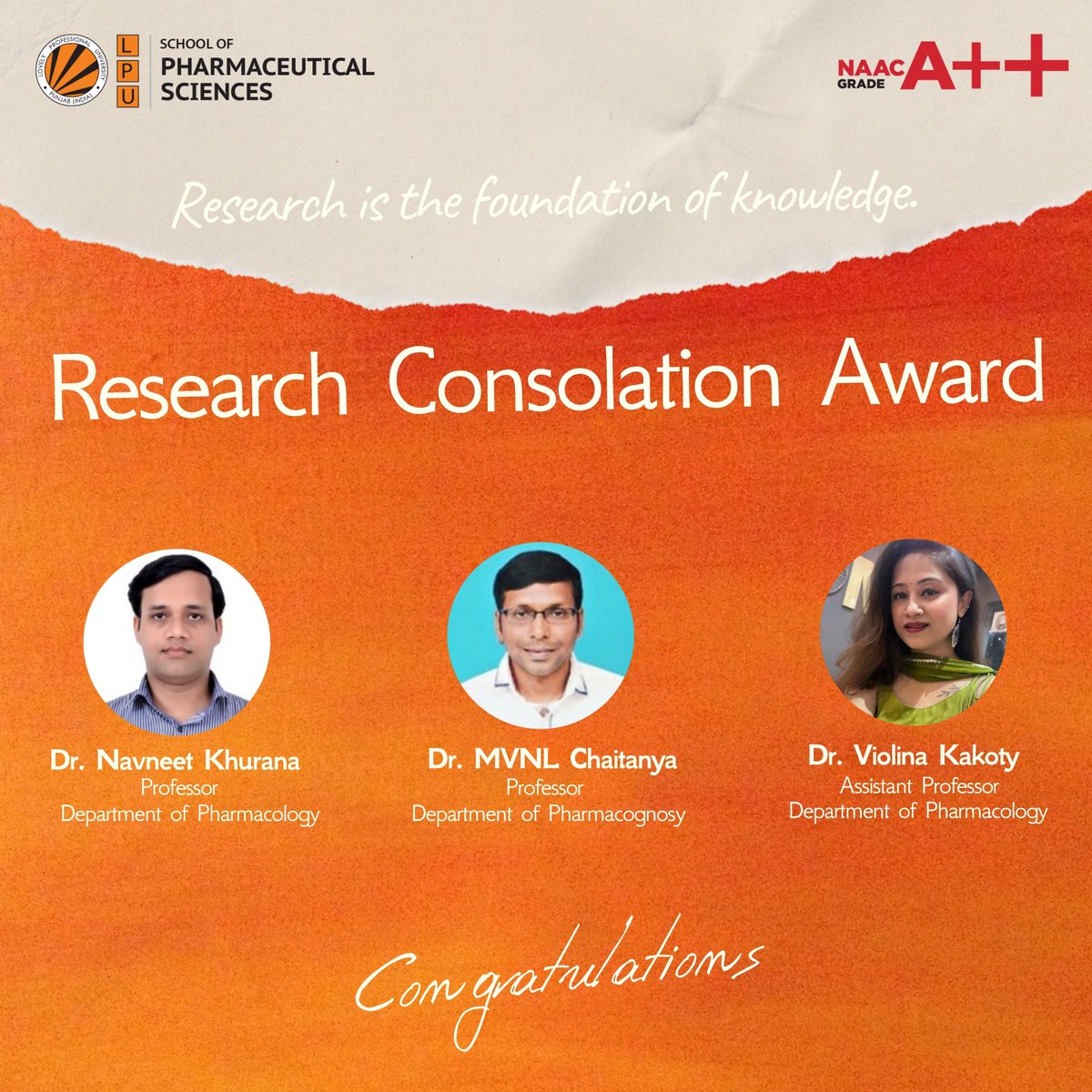 A heartfelt congratulations to our esteemed faculty members for being honored with the prestigious Research Impact Award, Research Appreciation Award and Research Consolation Award #ProudMoment #LPU #lpupharmaceutical #LPUUniversity #ThinkBig #LPUPride #TeachersDay2024