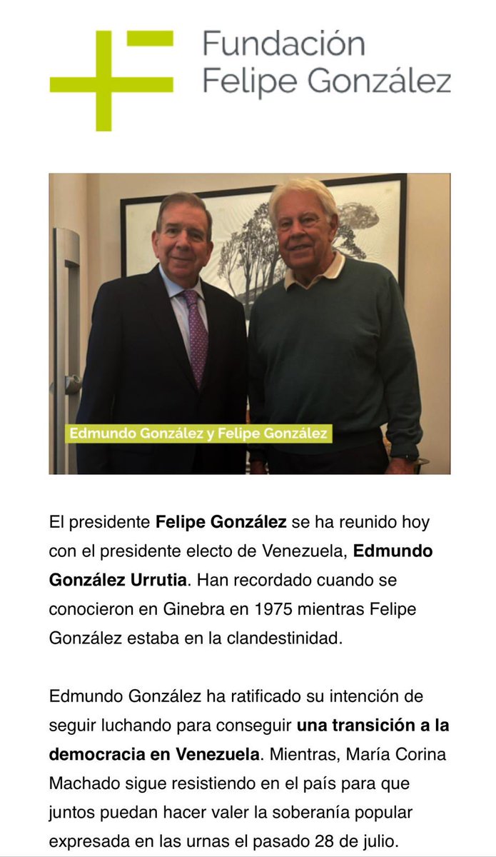 Un presidente del PP y otro del PSOE reciben a Edmundo González como presidente electo de Venezuela. 

No es un debate ideológico sino moral.

Verdad o mentira.

Democracia o dictadura. 

Civilización o barbarie.