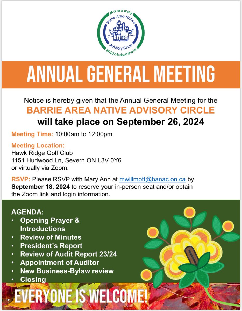 Notice of BANAC’s Annual General Meeting. 

Please RSVP with Mary Ann at mwillmott@banac.on.ca by
September 18, 2024 to reserve your in-person seat and/or obtain the Zoom link and login information.

We hope to see some of you there in person or virtually.