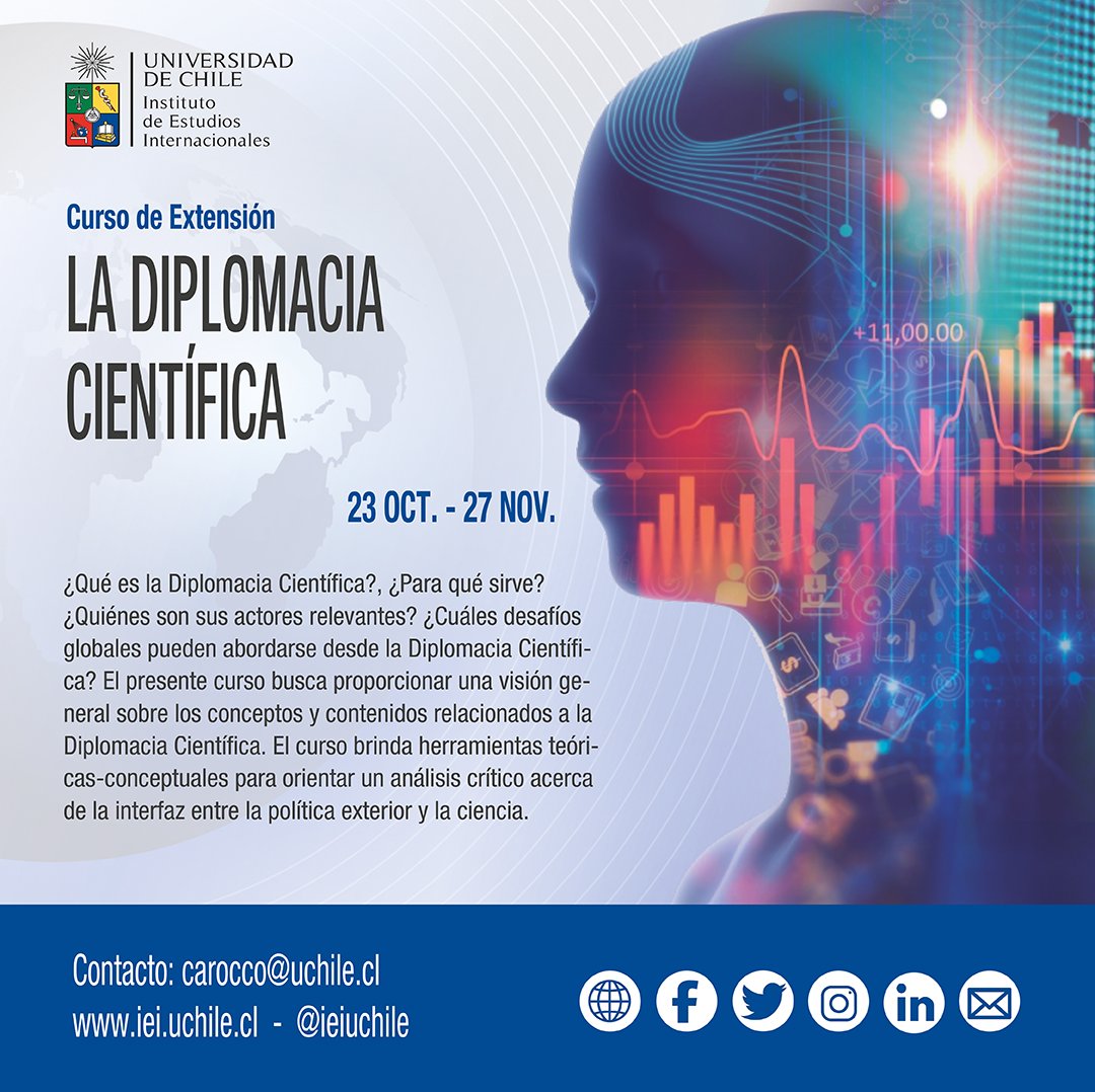 📌 ¿Qué es la Diplomacia Científica? Descúbrelo en el curso de extensión del IEI U. Chile desde el próximo 23 de octubre.

➡️ Inscríbete aquí: tinyurl.com/3a35ctbw