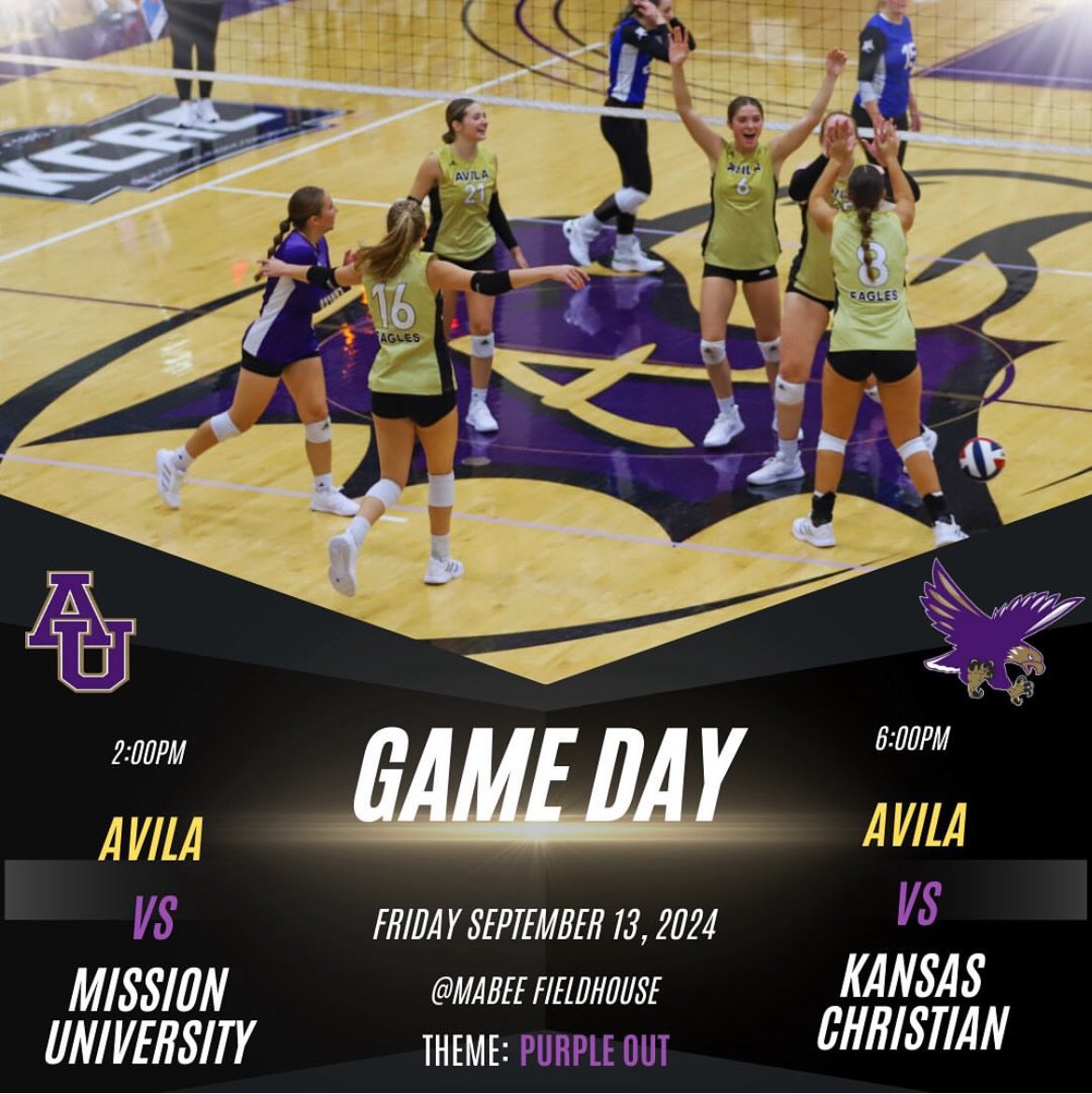 Come on out for two home volleyball matches and cheer on your Lady Eagles! It’s PURPLE OUT, so come in as much purple as you can! 🟣🟣🟣

🆚 Mission University and Kansas Christian College
📍 Mabee Fieldhouse, Kansas City, MO
⌚️ 2:00 and 6:00pm
🖥️ kcacnetwork.com/?B=1297474