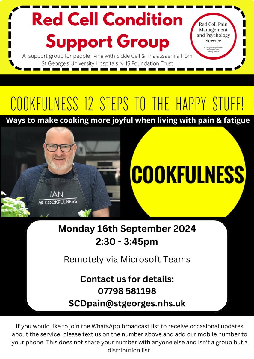 Join our remote support group this Mon 16th Sept with Ian Taverner, Mr Cookfulness. He’s sharing recipes and his — 12 steps to the happy stuff — making cooking more joyful whilst living with pain &amp; fatigue. See below for how to join #sicklecell #thalassaemia <a href="/cookfulness/">Mr Cookfulness - Ian - The Cooking Coach!</a> <a href="/docesr/">Elizabeth Rhodes</a>