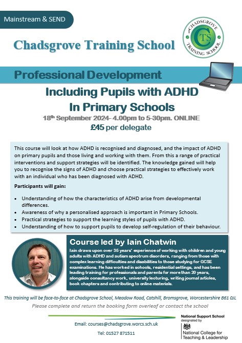 Please contact courses@chadsgrove.worcs.sch.uk to book a place on the course below