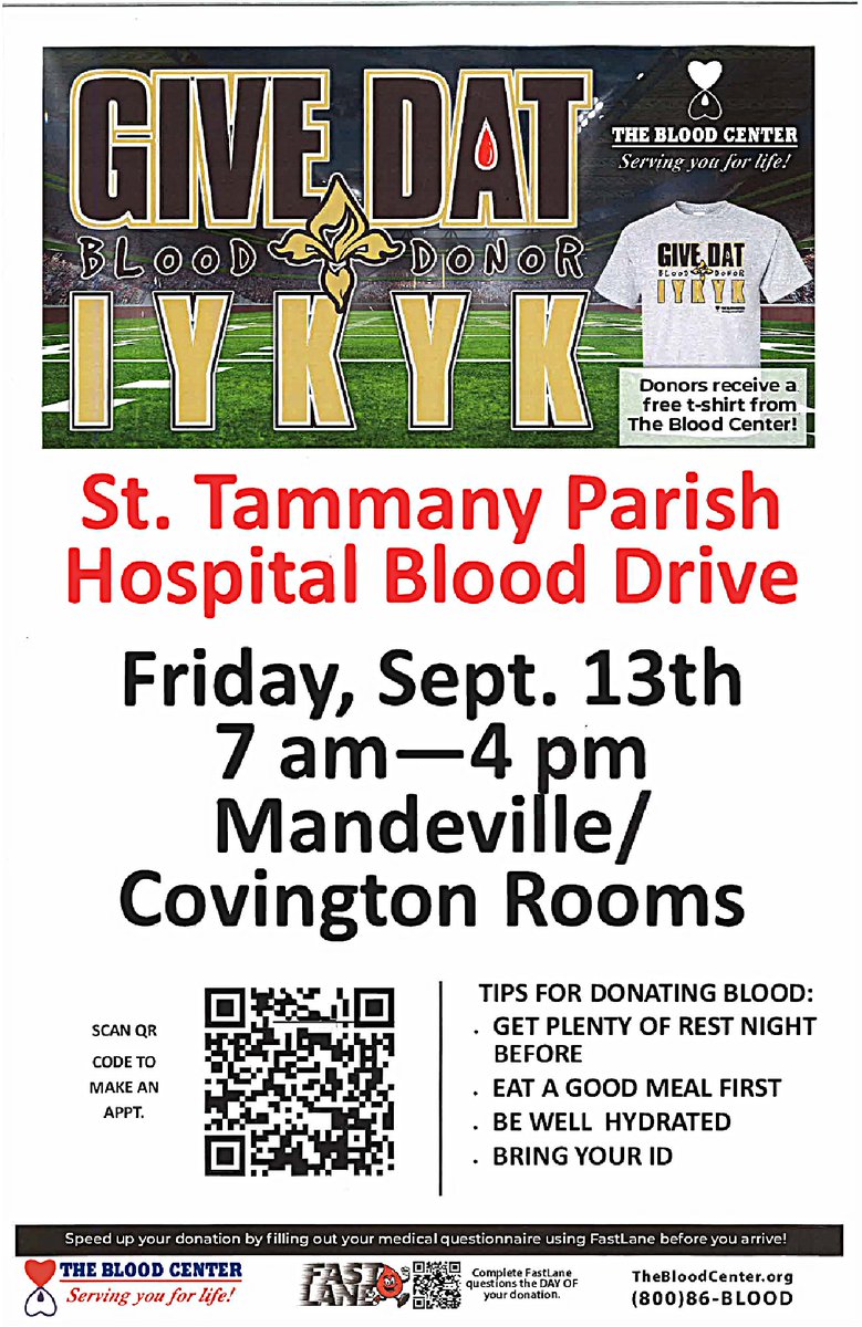 Calling all blood donors!

Amid a Francine-related shortage throughout the region, St. Tammany Health System is hosting a black-and-gold "Give Dat" blood drive from 7 a.m. to 4 p.m. today (Friday, Sept. 13) at its flagship St. Tammany Parish Hospital campus in Covington.