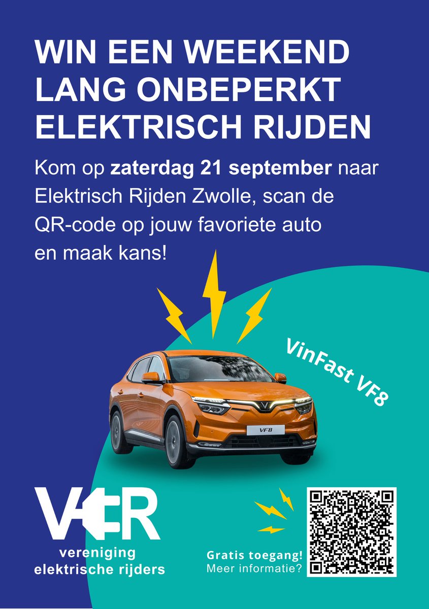 🚙 Benieuwd naar het eerste model van <a href="/VinFastEurope/">VinFast Europe</a>? Op Elektrisch Rijden Zwolle maak je kans op een weekend lang rijden met de VinFast VF8! Kom langs, scan de QR-code op de auto en win: evrijders.nl/agenda/elektri…

#evrijders #elektrischrijden #zwolle #vinfast #vf8