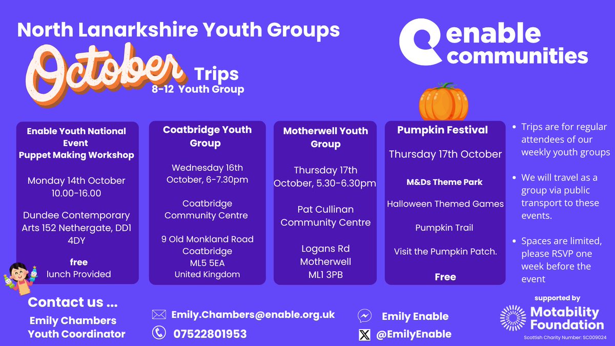 EmilyEnable's tweet image. Take a look at our exciting plans for the October school holidays!

*Please note that all trips are for members of Enable Youth*

Get in touch to join in on the fun🎃🍂
#Enable #EnableCommunities #Motability #YouthWork