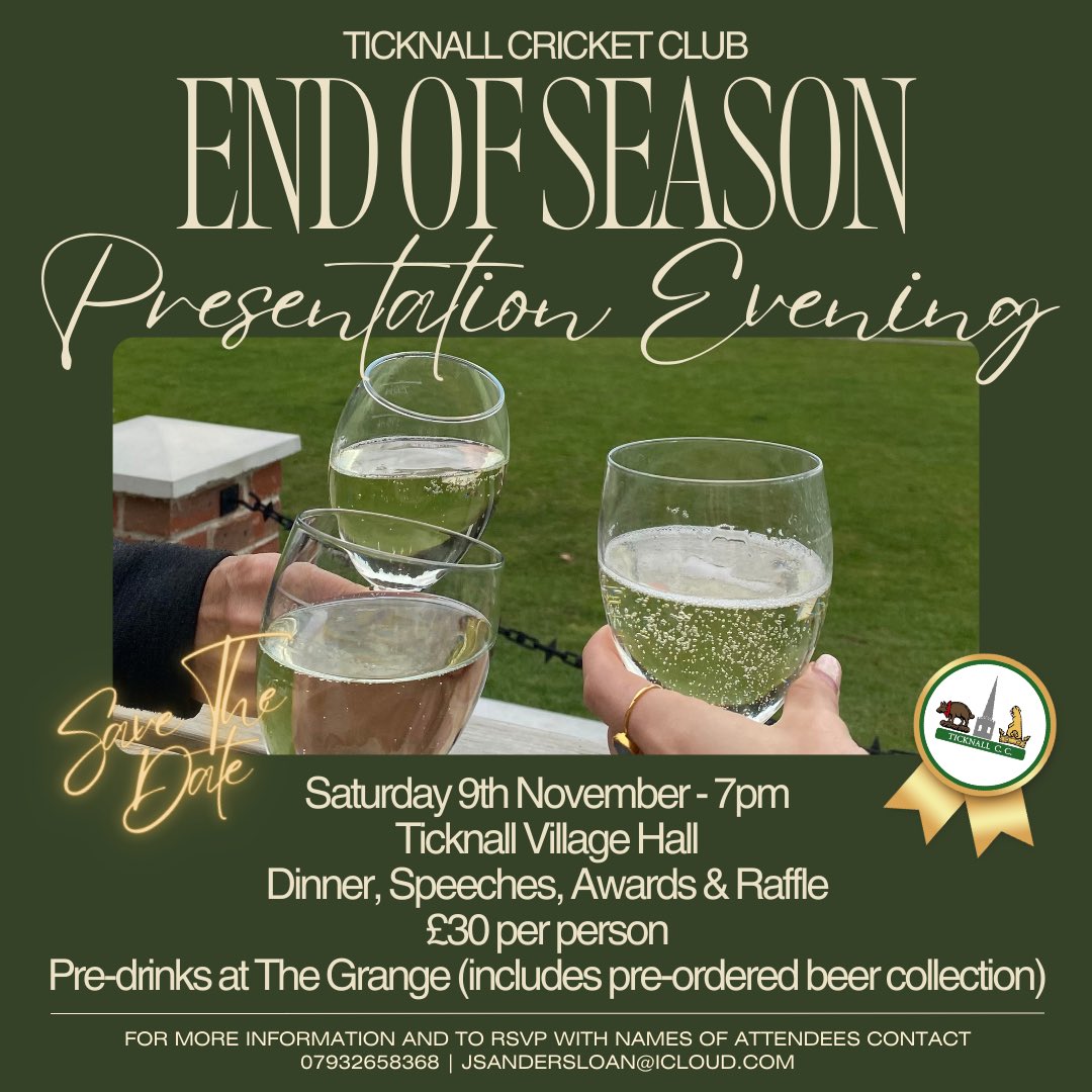 Ticknall CC (@ticknallcc) on Twitter photo Presentation Evening
🗓️Saturday 9th November
📍Ticknall Village Hall
⏰7pm
🥂Pre-drinks at The Grange 6pm
🏆Awards Presentation
🎁Raffle
📣Speeches
🍽️Meal -details to follow
💵£30pp
Info on pre-drinks orders soon
Contact Jackie- 07932658368 or jsandersloan@icloud.com to book Presentation Evening
🗓️Saturday 9th November
📍Ticknall Village Hall
⏰7pm
🥂Pre-drinks at The Grange 6pm
🏆Awards Presentation
🎁Raffle
📣Speeches
🍽️Meal -details to follow
💵£30pp
Info on pre-drinks orders soon
Contact Jackie- 07932658368 or jsandersloan@icloud.com to book