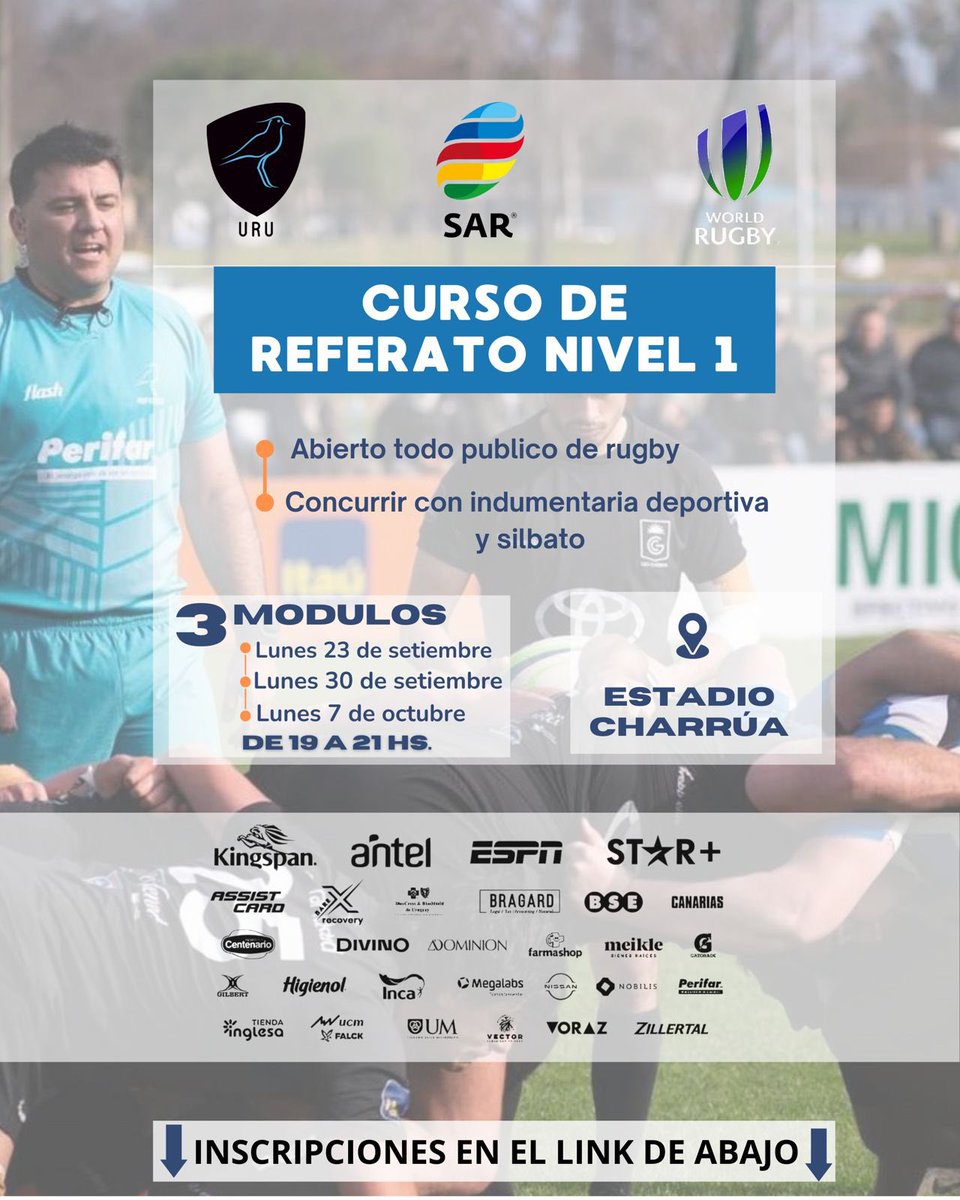 ✔️ Curso de Referato - Nivel 1

👉🏻 Sin costo
👉🏻 Inscripciones a desarrollo@uru.org.uy 
🏟️ Estadio Charrúa 
📆 Lunes 23/09, lunes 30/9 y lunes 7/10.
