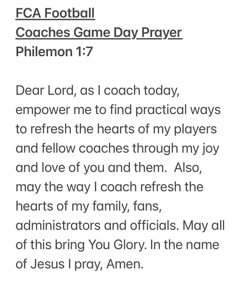 FCA Football Coaches Game Day Prayer for those coaching this Friday night.