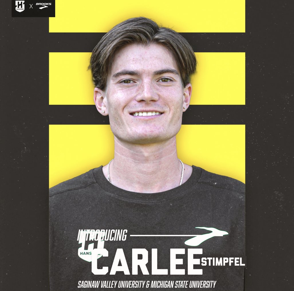 Carlee Stimpfel ran for Saginaw Valley State University &amp; Michigan State University where he earned PR’s of 28:56 for 10,000m and 13:45 for 5,000m.  Division II All American honors for the Cardinals of SVSU.
Graphic:  Aaron Greb