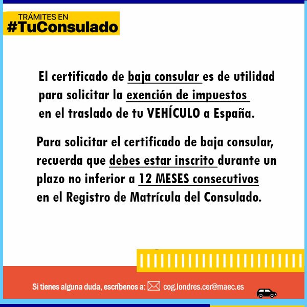 #BajaConsular ¿Tienes pensado trasladar tu vehículo a España? 🚙🇪🇸

ℹ️Esto te interesa 👉🏻 exteriores.gob.es/Consulados/lon…