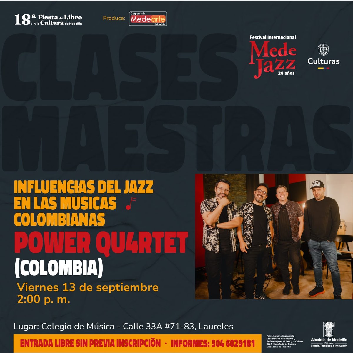 🥁 Continuamos con las actividades académicas en el #MedeJazz2024, no te la pierdas, te esperamos 🥁

<a href="/mincultura/">MinCultura Colombia</a> <a href="/AlcaldiadeMed/">Alcaldía de Medellín</a> <a href="/FiestaLibro/">Fiesta del Libro</a> @FundacionEPM <a href="/latinastereo/">Latina Stereo🌴</a> <a href="/salsaconestilo/">SalsaConEstilo.com</a> <a href="/RedEscMusicaMed/">Red Música Medellín</a> <a href="/Red_demuseos/">RedMuseosAntioquia</a> @MusicaSomos <a href="/MedMusicalTour/">Medellín Musical Tour</a>