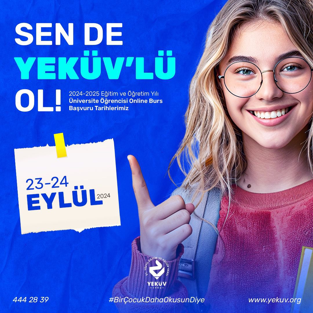 🎓2024-2025  Eğitim Öğretim Yılı Burs Başvuru Duyurusu📢
Şimdi YEKÜV’lü olma zamanı! Siz de bu büyük ailenin bir parçası olabilir, geleceğinize katkı sağlayacak destekten faydalanabilirsiniz. Başvurular için profilde bulunan web sitemizi ziyaret edebilirsiniz.